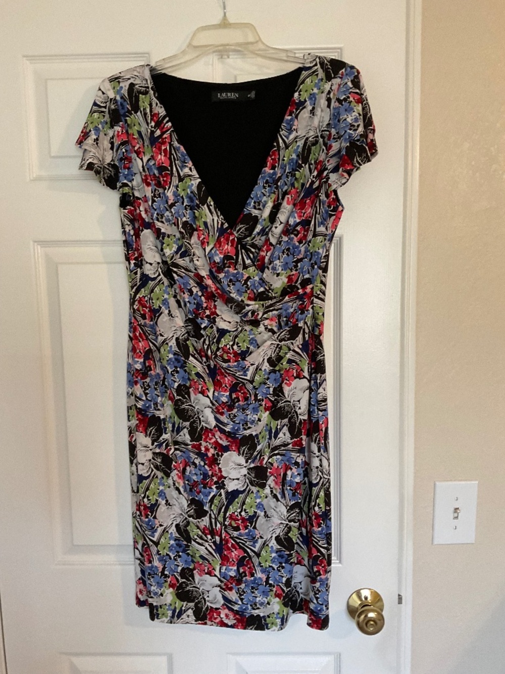 Ralph Lauren dress, size 12P, dark floral, black, red, blue and cream.